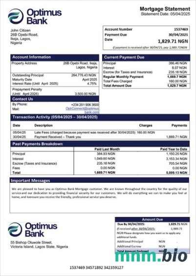 Nigeria Optimus Bank wyciąg z kredytu hipotecznego szablon Word i PDF